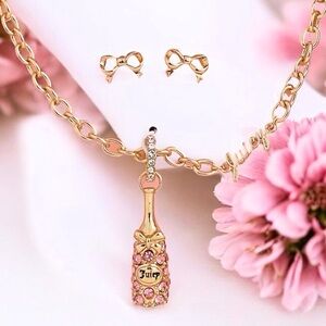 Juicy Couture Rhinestone Pink Champagne Bottle Necklace & Bow Earrings Gift Set